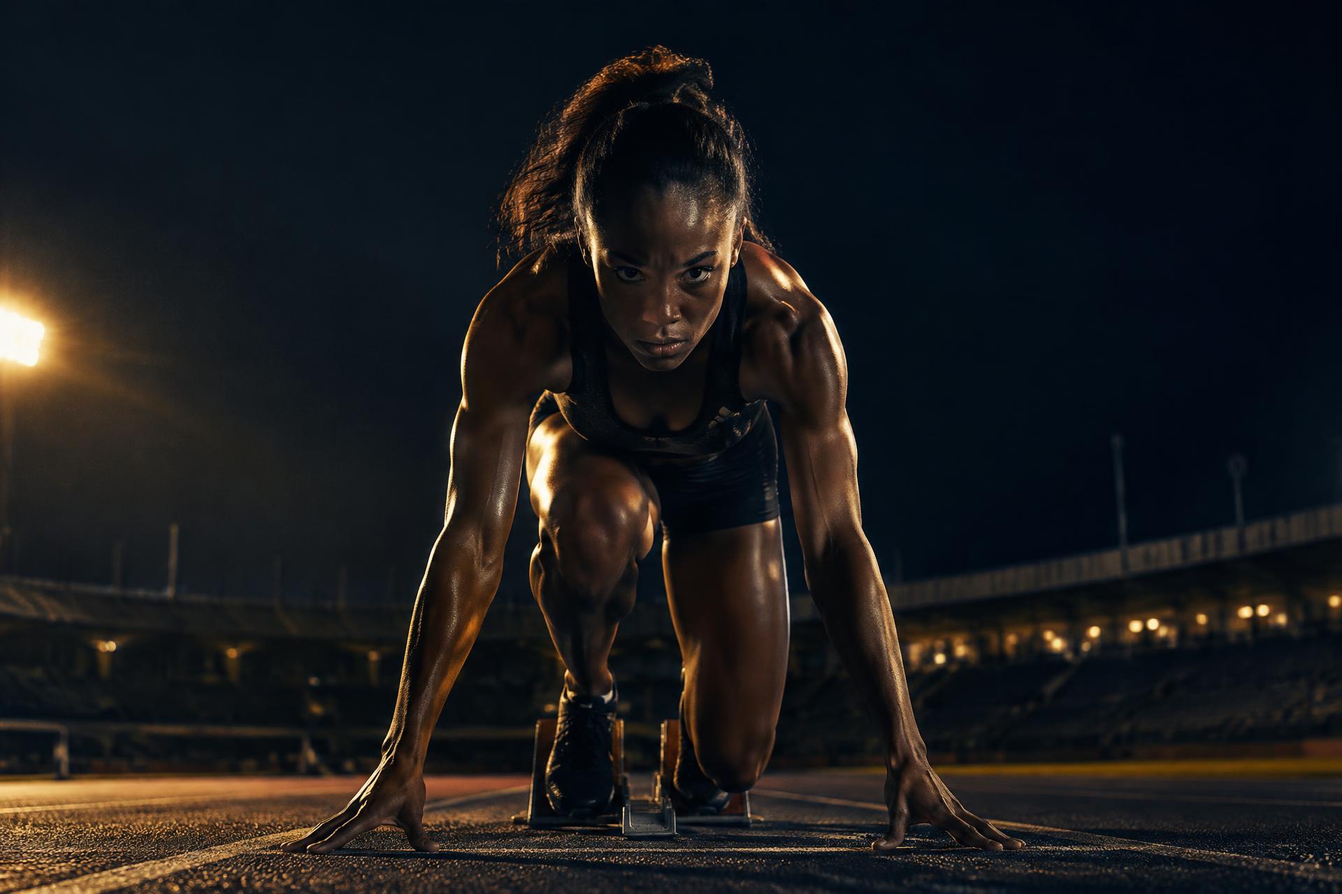 A female sprinter set in the starting blocks under stadium lights